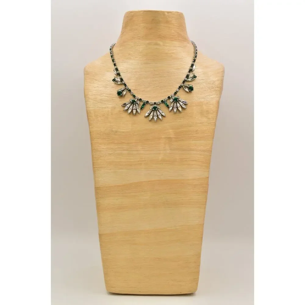 Vintage Crystal Collar Necklace Green Marquise Floral Prong Rhinestone BinBL